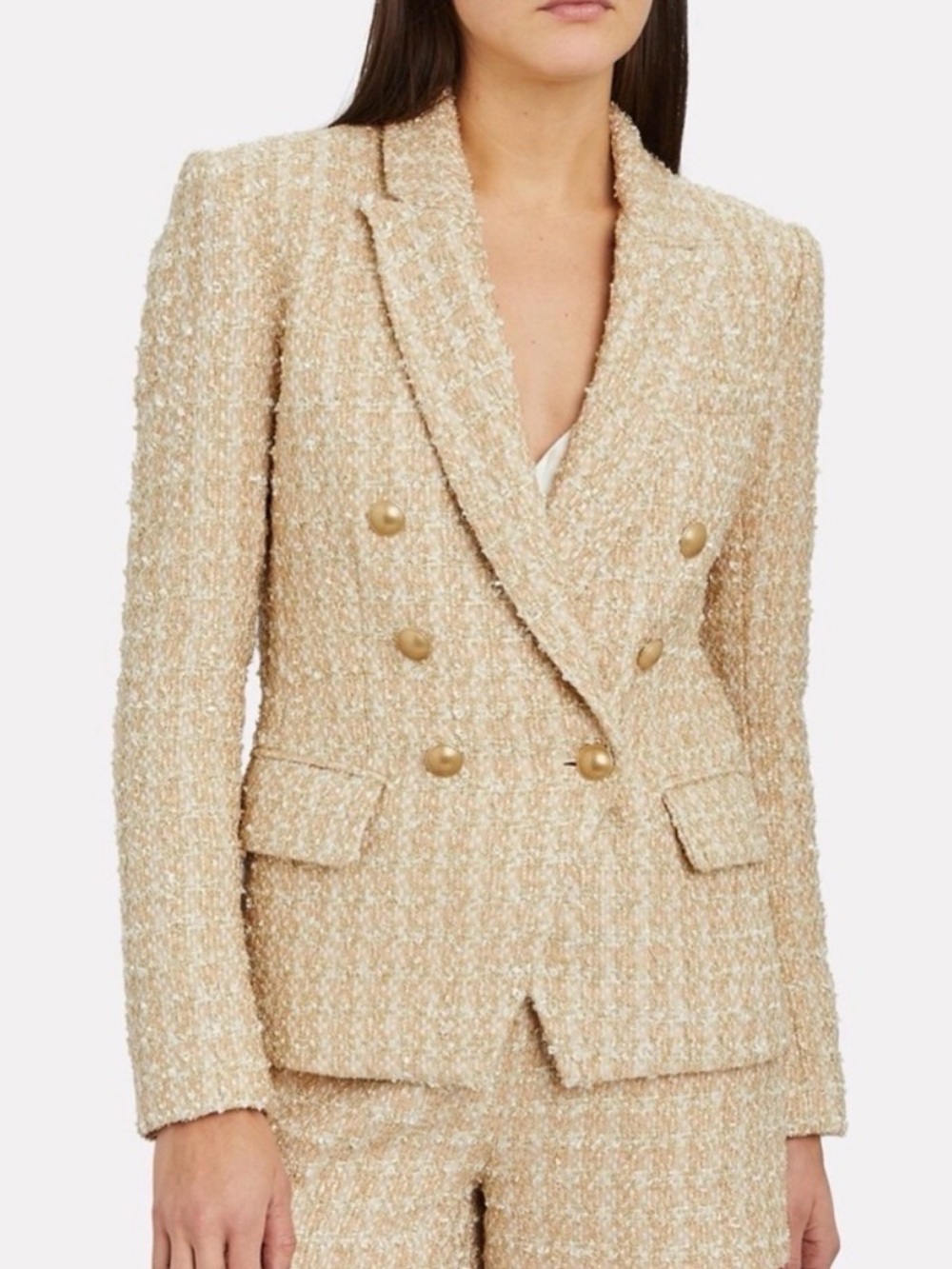 L’Agence Camel, Ivory, and Gold Tweed Double-Breasted Blazer - Picture 2 of 3